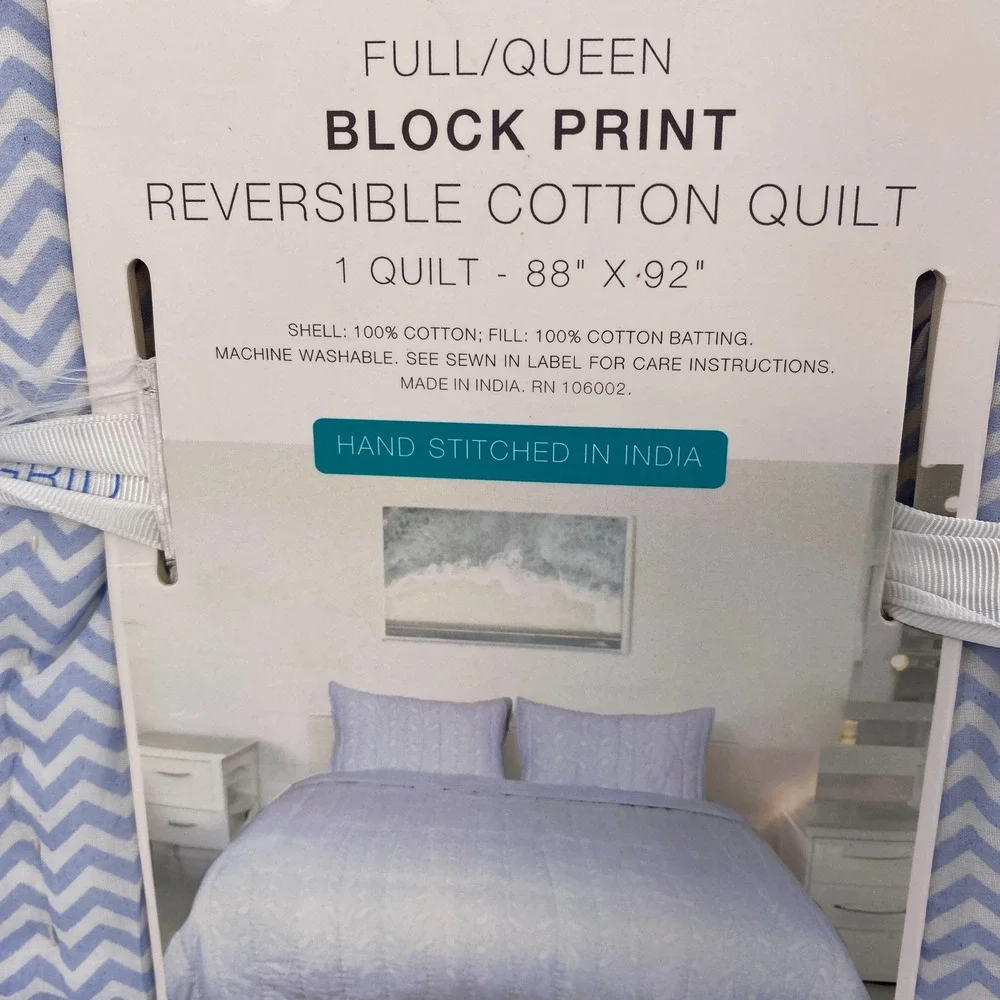 Sigrid Olsen Home Reversible Quilt Full/Queen Blue Chevron Block Print Cotton